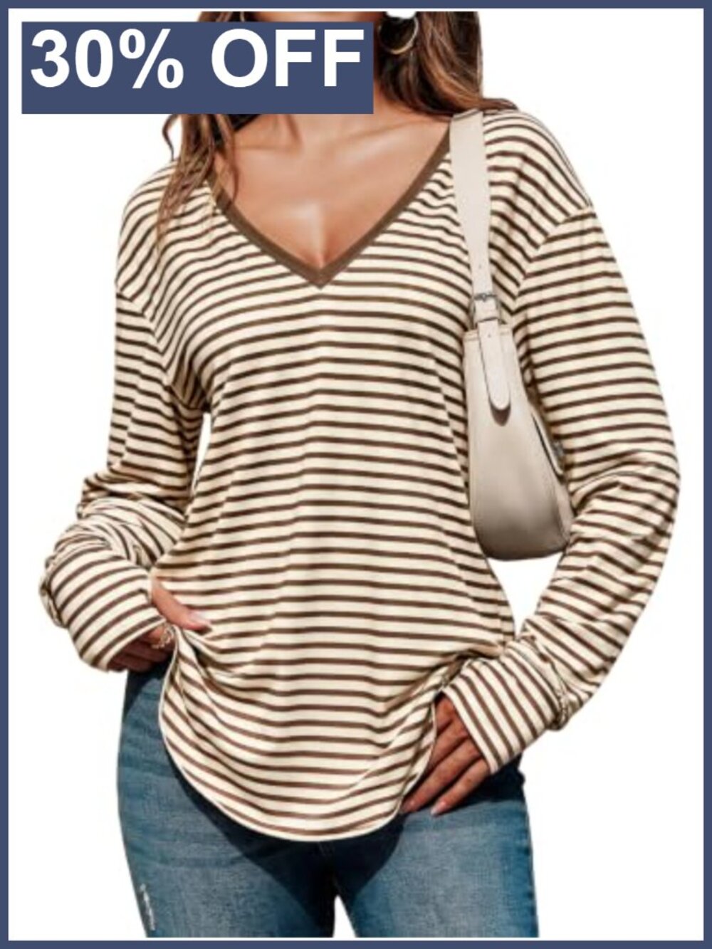 Womens Deep V Neck Long Sleeve Tunic Top Oversized Striped T-Shirt